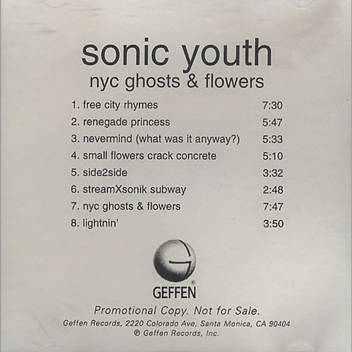 Sonic Youth NYC Ghosts & Flowers US Promo CD-R acetate