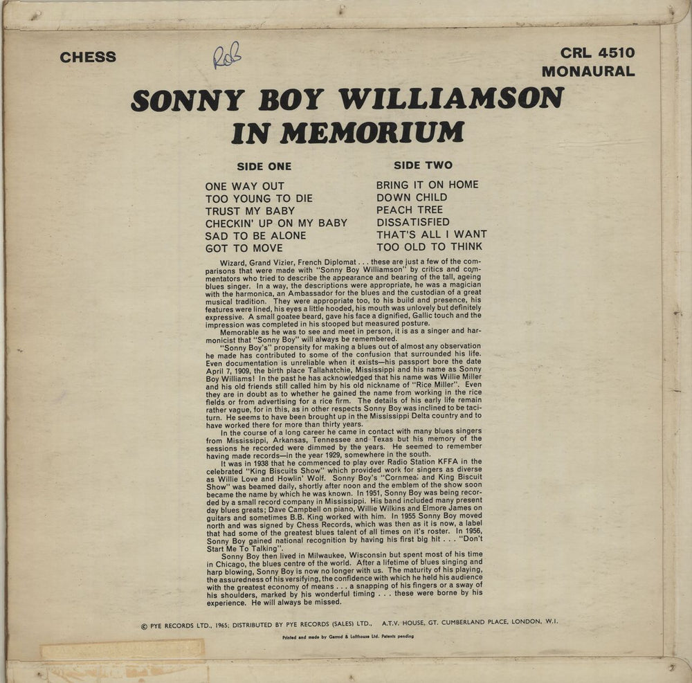 Sonny Boy Williamson In Memorium - 1st - VG+ UK vinyl LP album (LP record) SBNLPIN683757
