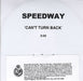 Speedway [2000s] Can't Turn Back UK Promo CD-R acetate CDR ACETATE