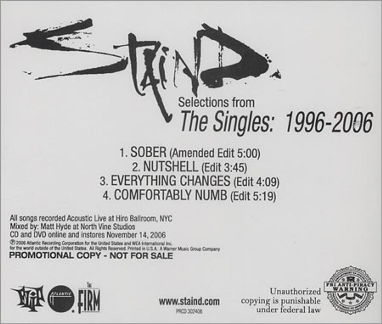 Staind Selections from The Singles 1996-2006 US Promo CD single