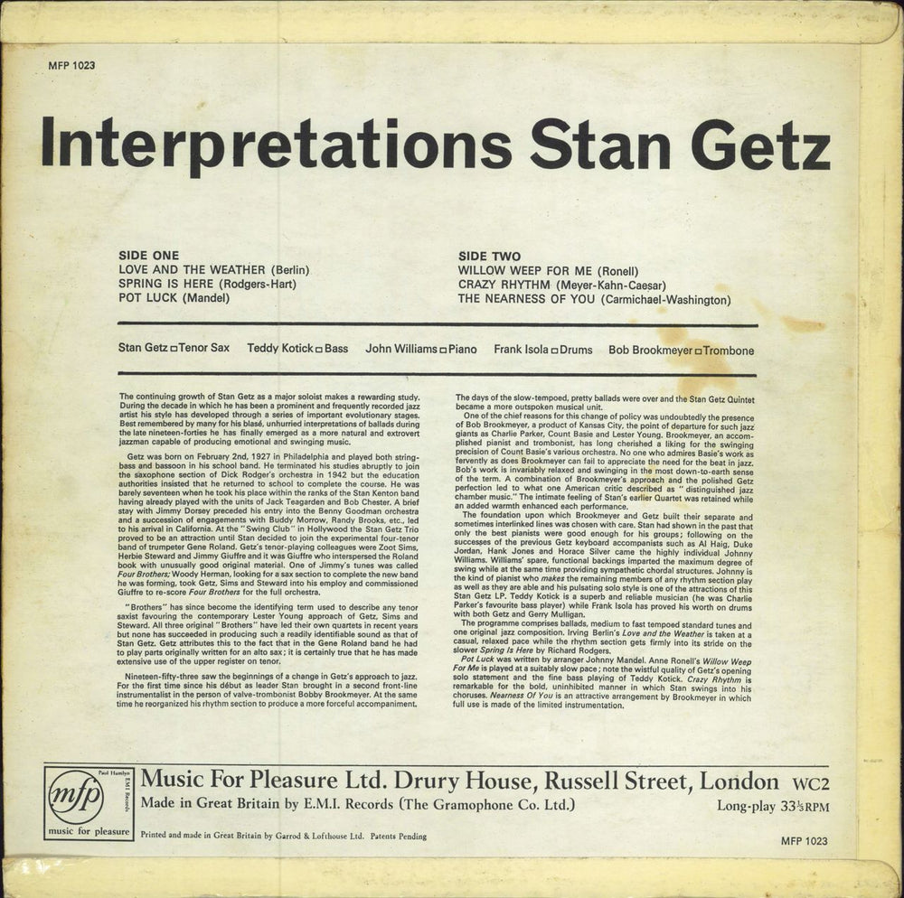 Stan Getz Interpretations UK vinyl LP album (LP record)