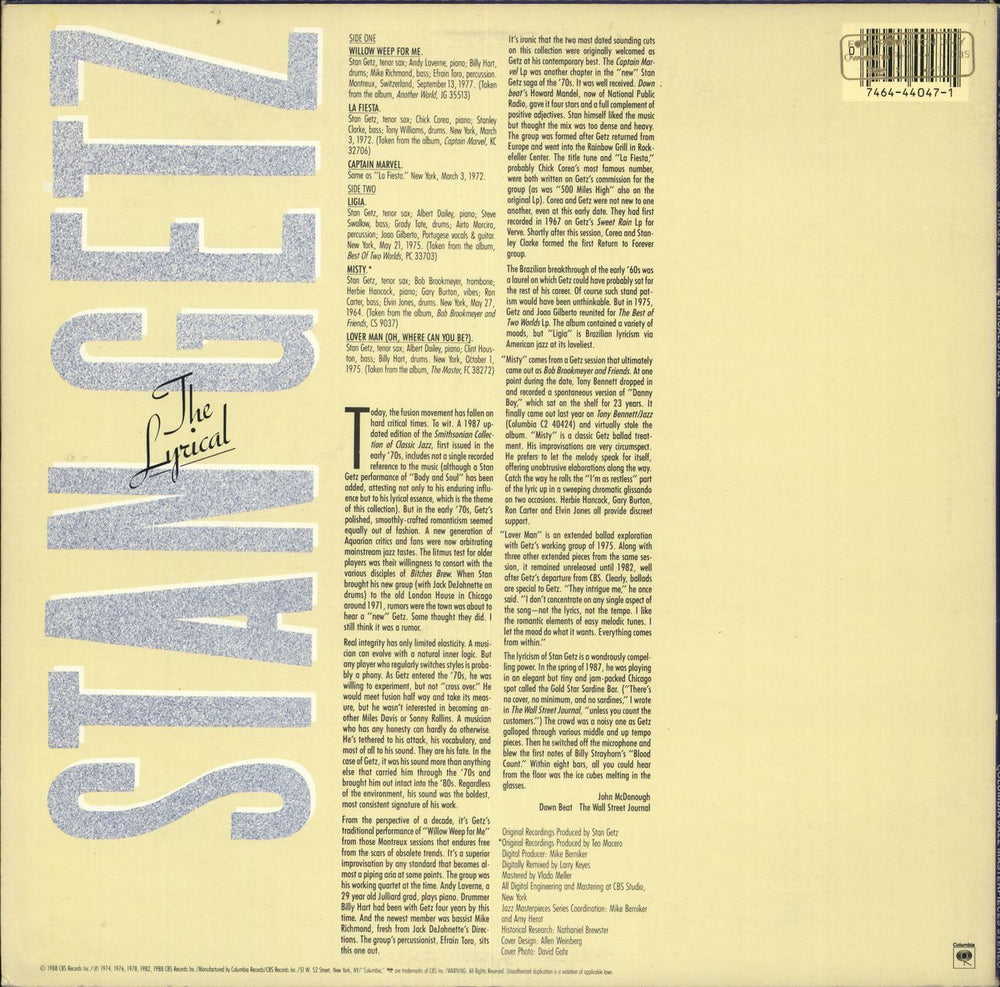 Stan Getz The Lyrical Stan Getz US vinyl LP album (LP record)