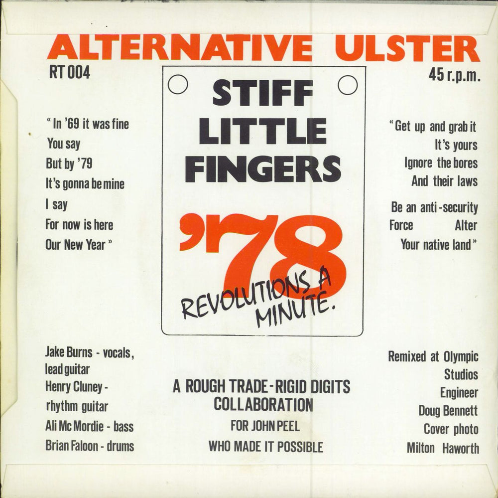 Stiff Little Fingers Alternative Ulster UK 7" vinyl single (7 inch record / 45)