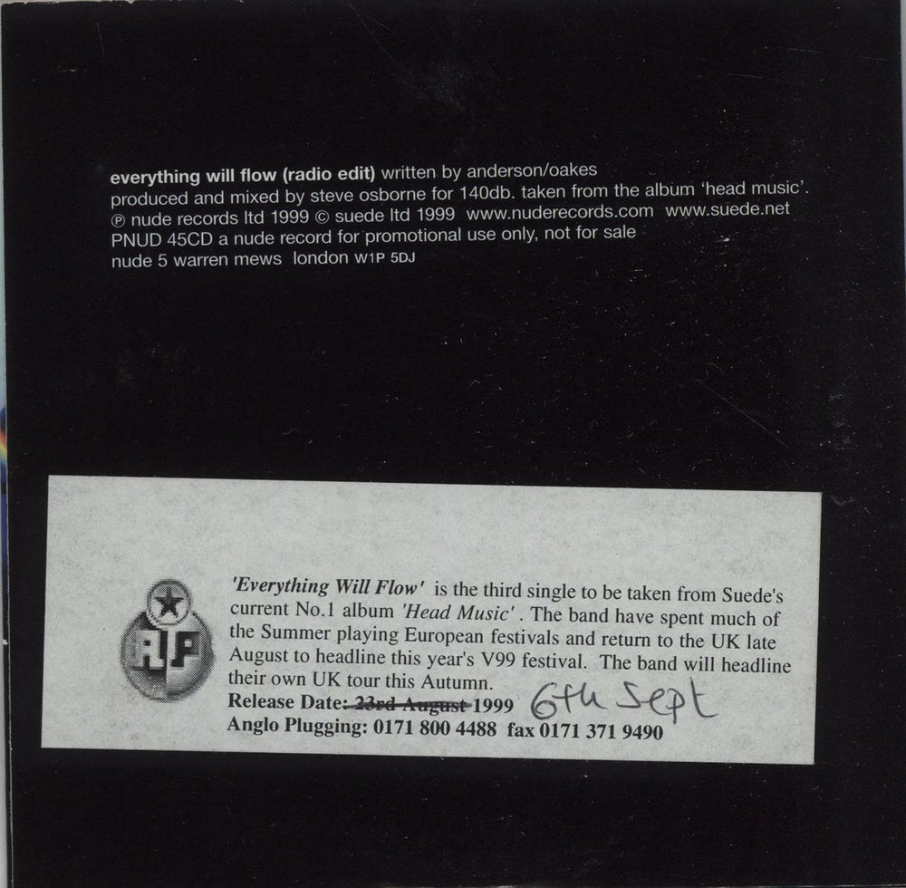 Suede Everything Will Flow UK Promo CD single (CD5 / 5") SUEC5EV142924