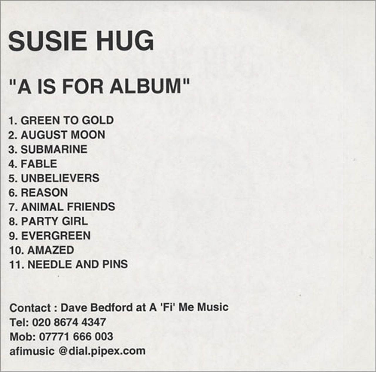 Susie Hug A Is For Album UK Promo CD-R acetate CD-R ACETATE