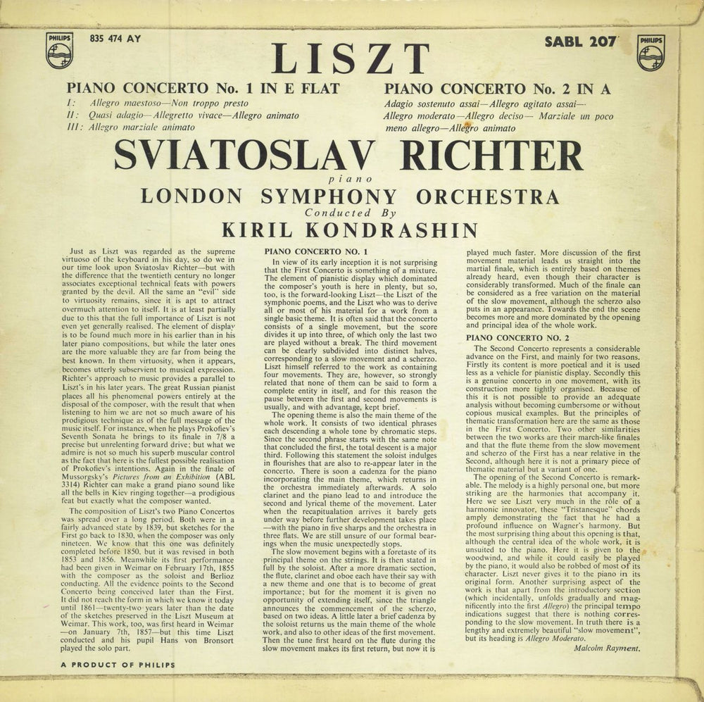 Sviatoslav Richter Liszt: Piano Concerto No. 1 In E Flat Major / Piano Concerto No. 2 In A Major UK vinyl LP album (LP record)