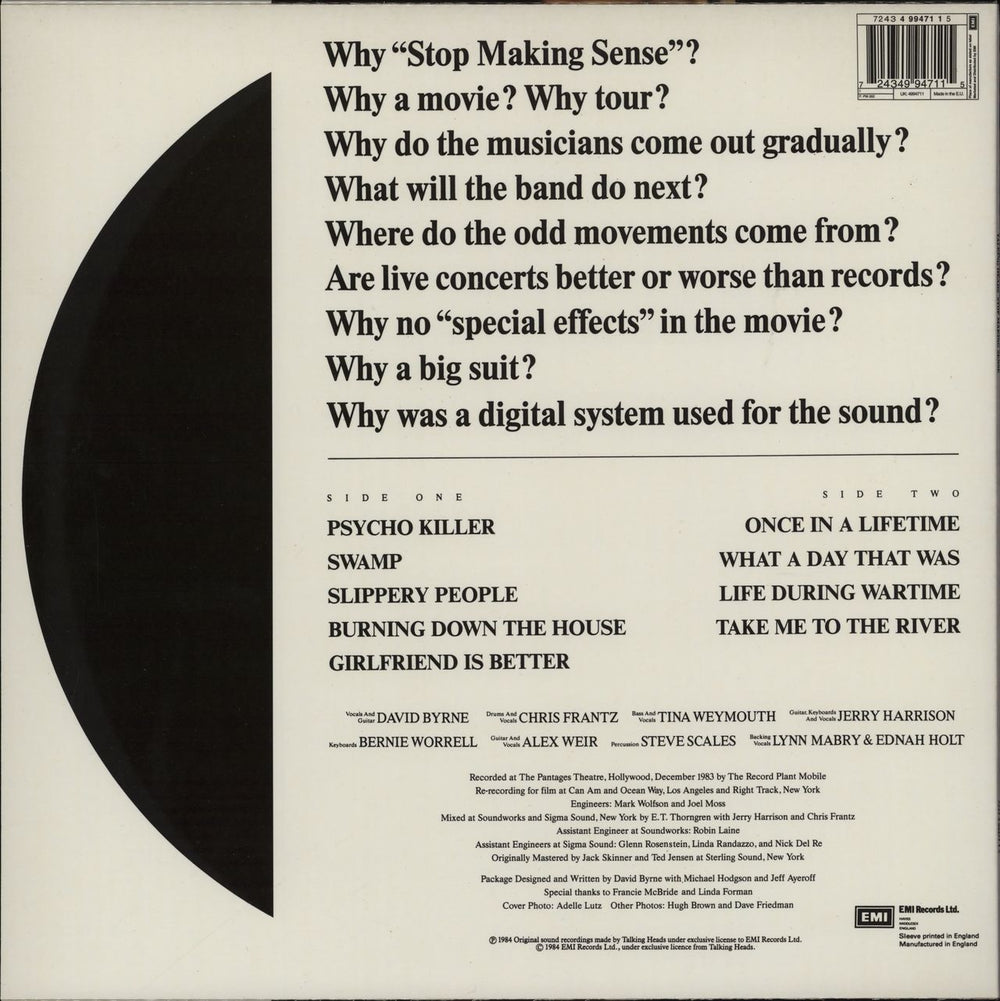 Talking Heads Stop Making Sense UK vinyl LP album (LP record) 724349947115