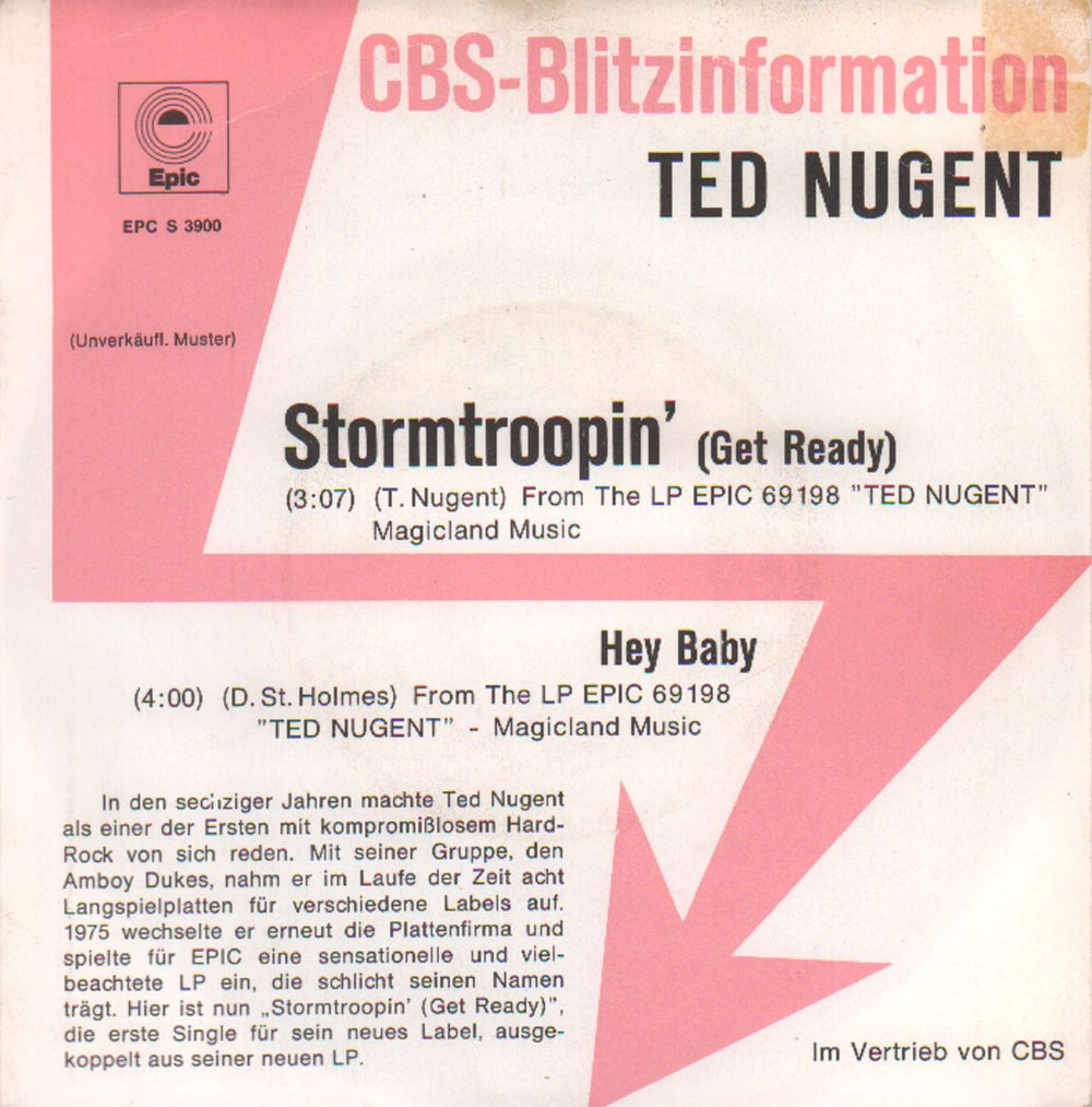 Ted Nugent Stormtroopin' (Get Ready) German Promo 7" vinyl single (7 inch record / 45) EPCS3900