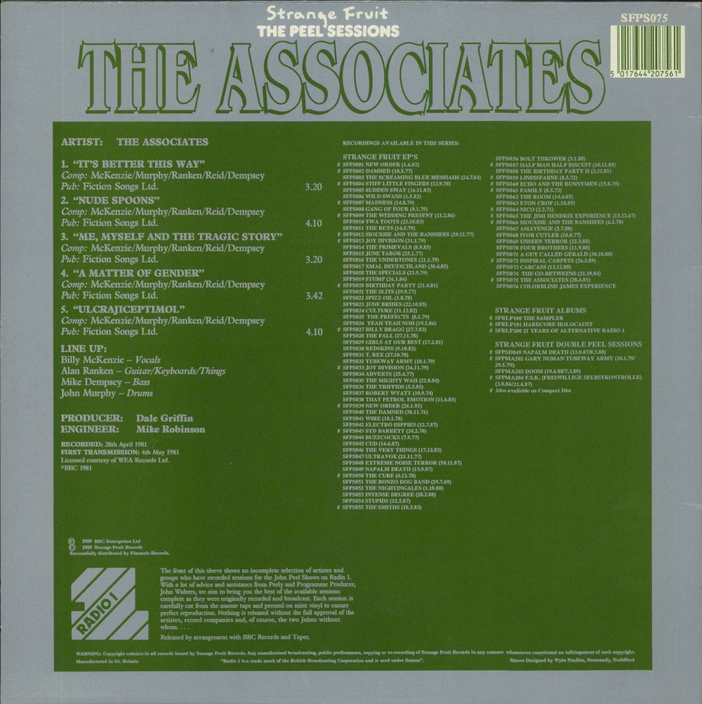 The Associates The Peel Sessions UK 12" vinyl single (12 inch record / Maxi-single) 5017644207462