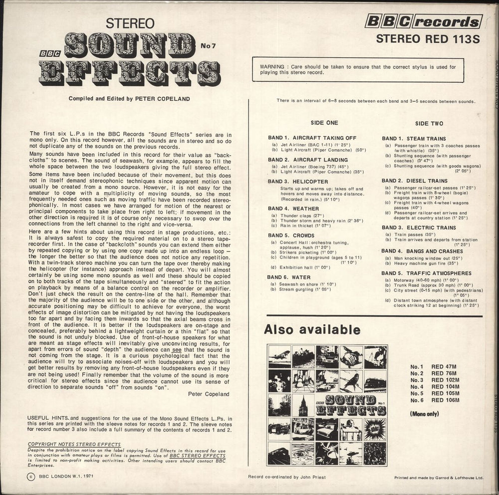 The BBC Radiophonic Workshop BBC Sound Effects No. 7 UK vinyl LP album (LP record)