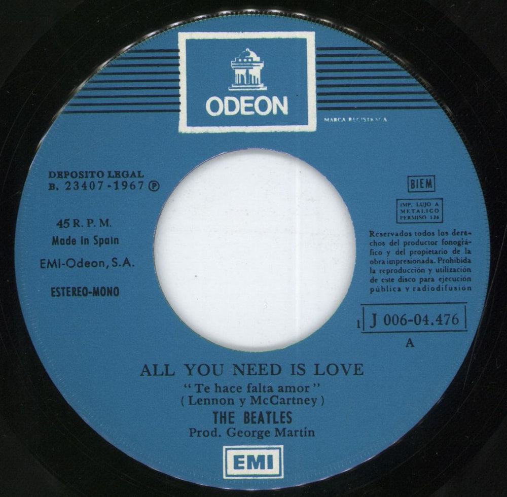 The Beatles All You Need Is Love Spanish 7" vinyl single (7 inch record / 45) BTL07AL811912