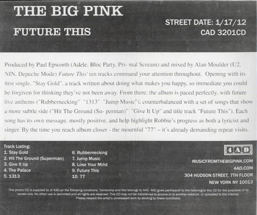 The Big Pink Future This US Promo 2 CD album set (Double CD) CAD3201CD