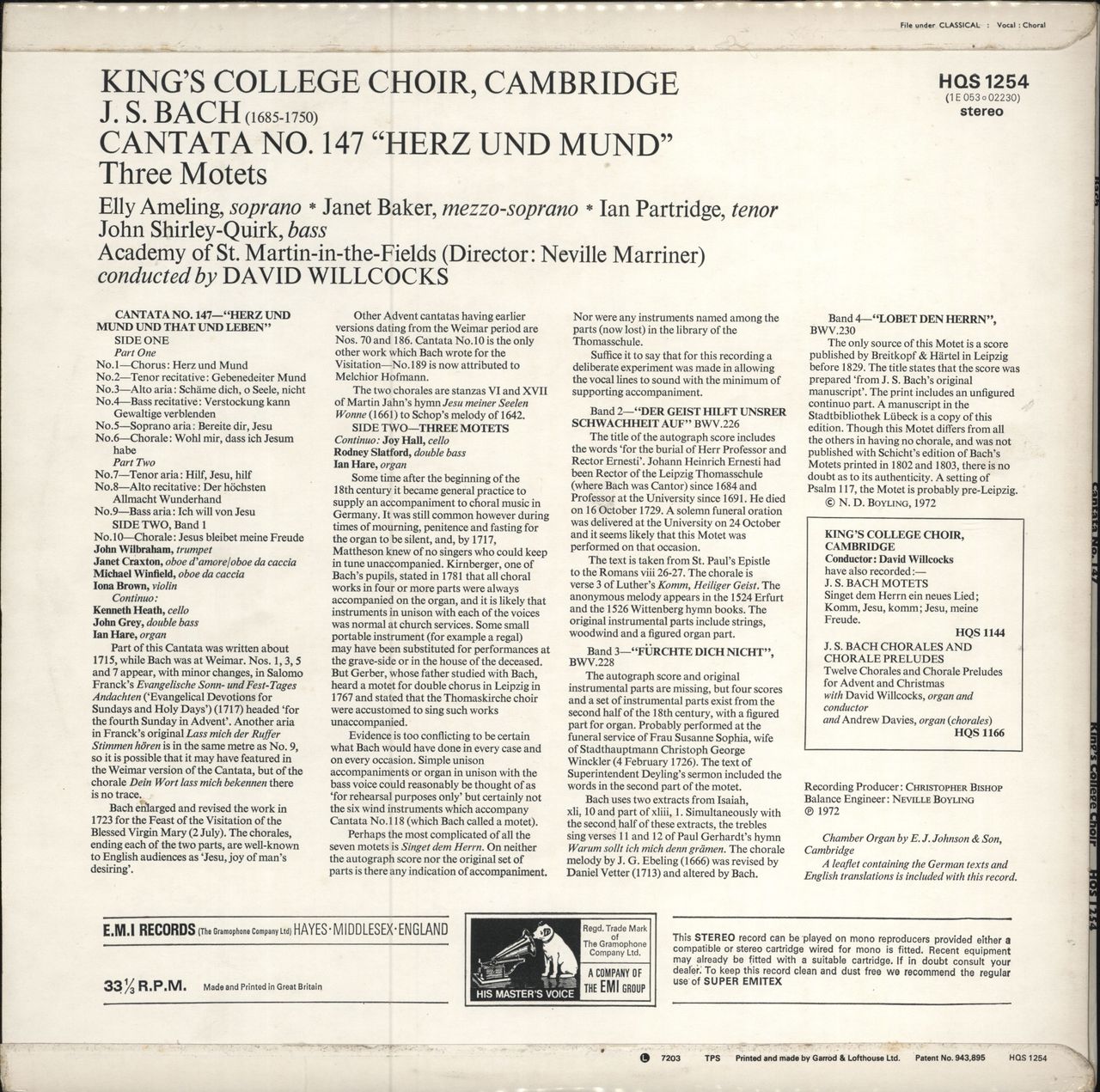 The Choir Of King's College, Cambridge Bach: Cantata No. 147, "Herz Und Mund" / 3 Motets - Sample UK vinyl LP album (LP record)
