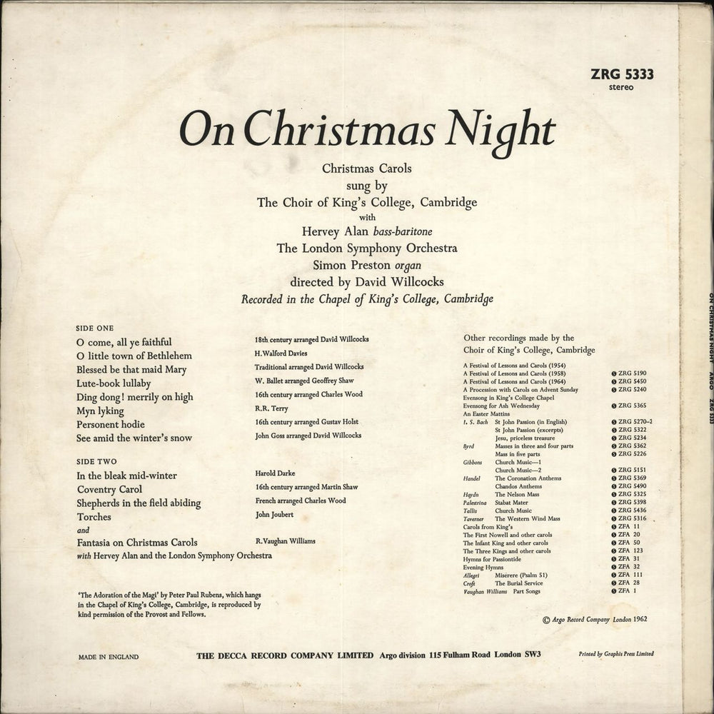 The Choir Of King's College, Cambridge On Christmas Night UK vinyl LP album (LP record)