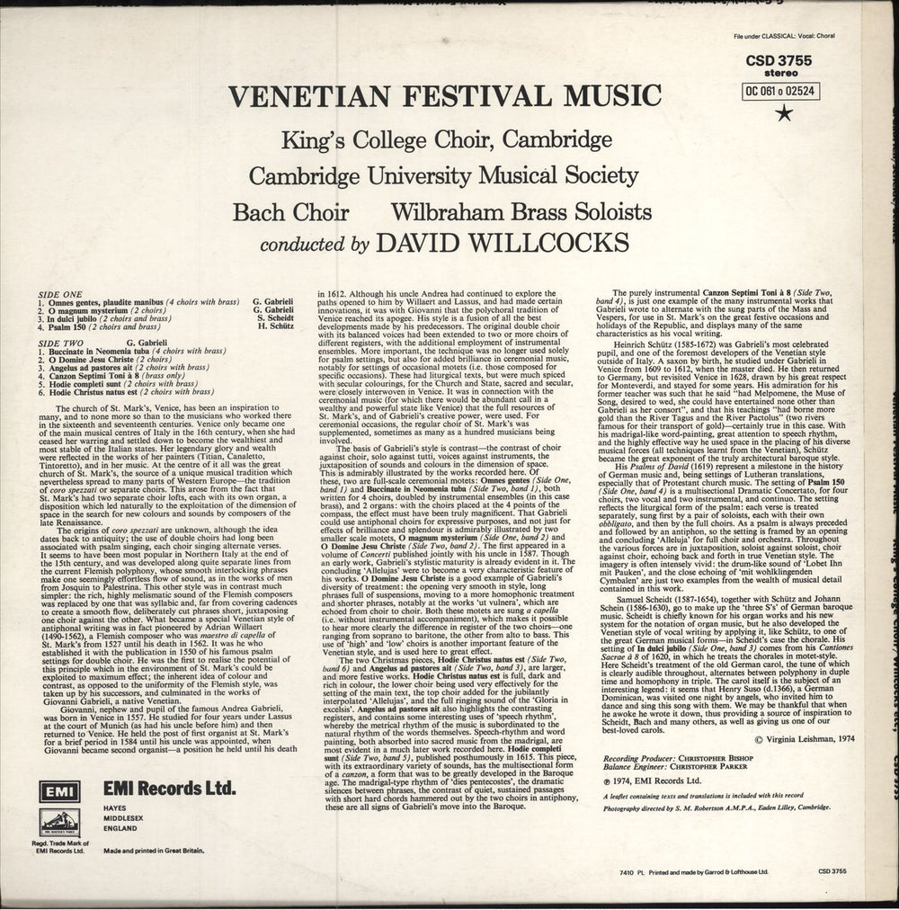 The Choir Of King's College, Cambridge Venetian Festival Music UK vinyl LP album (LP record)