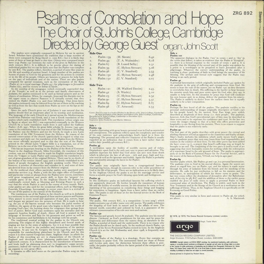 The Choir Of St. John's College, Cambridge Psalms Of Consolidation And Hope UK vinyl LP album (LP record)