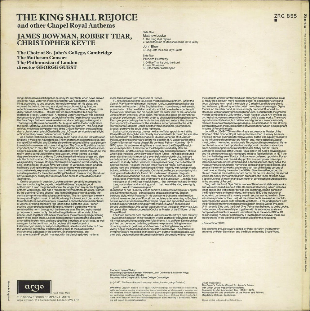 The Choir Of St. John's College, Cambridge The King Shall Rejoice And Other Chapel Royal Anthems UK vinyl LP album (LP record)