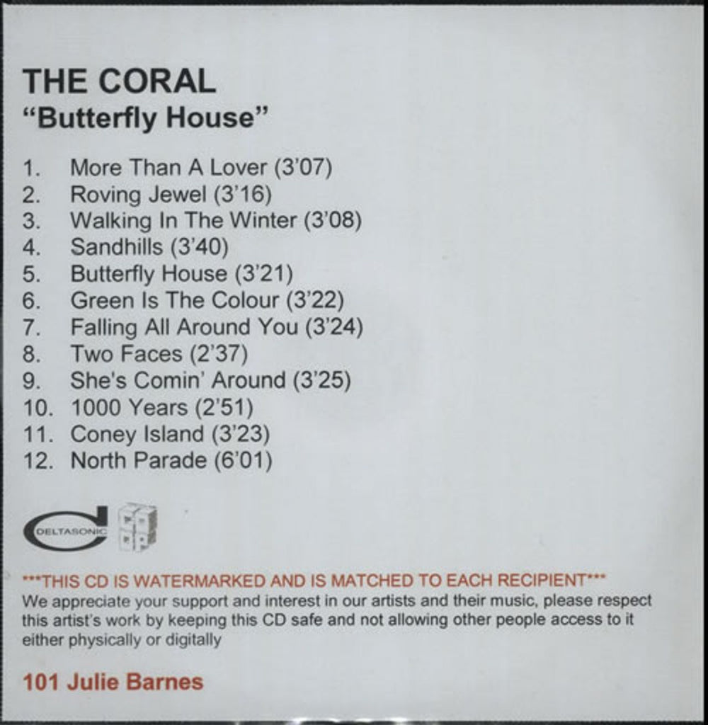 The Coral Butterfly House UK Promo CD album (CDLP) CD-R ACETATE