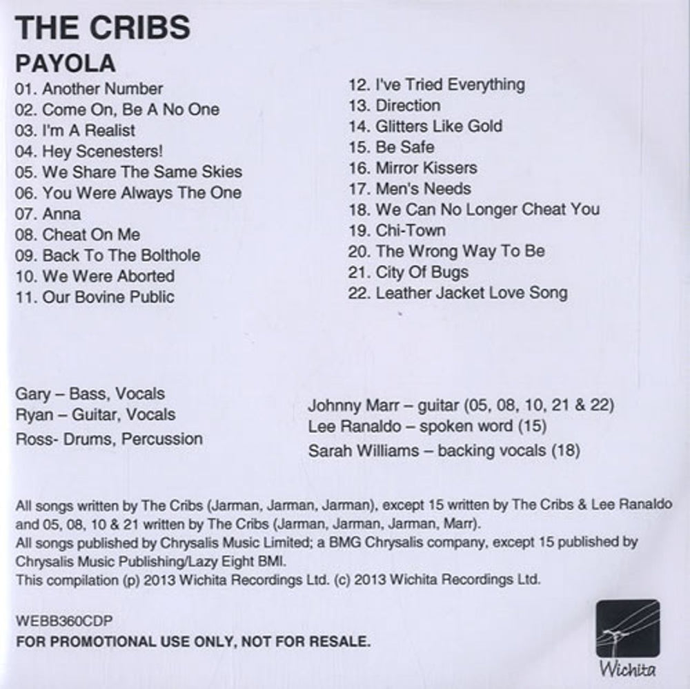 The Cribs Payola UK Promo CD-R acetate WEBB360CDP