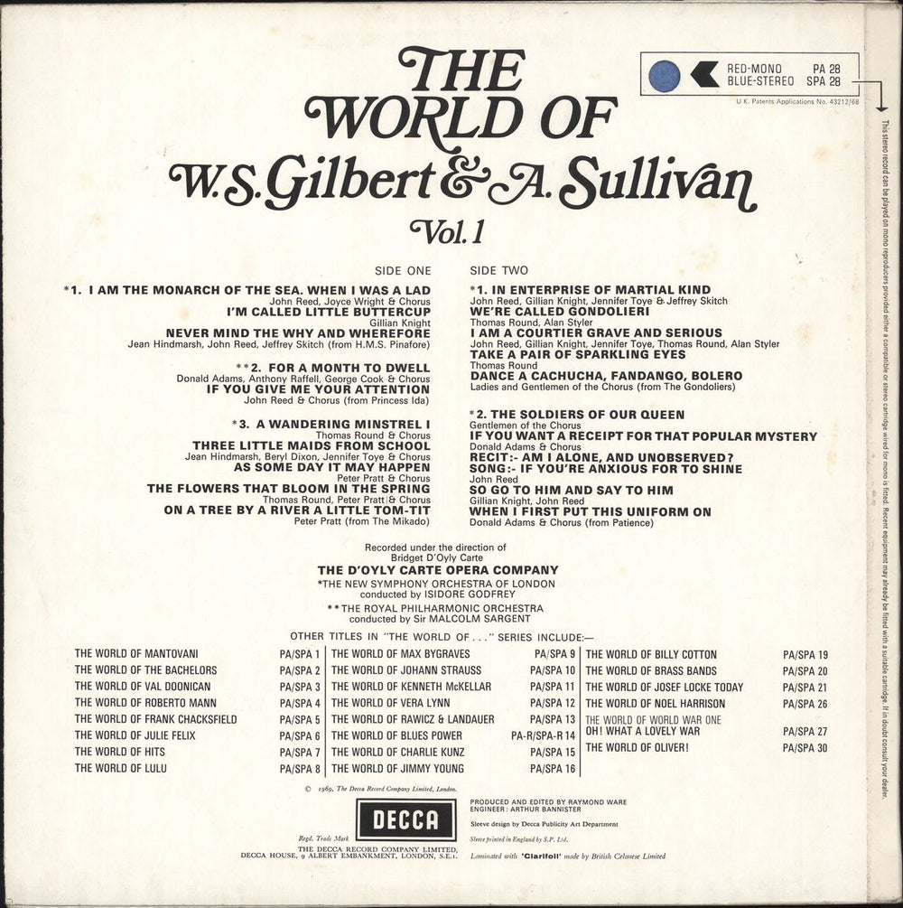 The D'Oyly Carte Opera Company The World Of W.S. Gilbert & A. Sullivan Vol. 1 UK vinyl LP album (LP record)