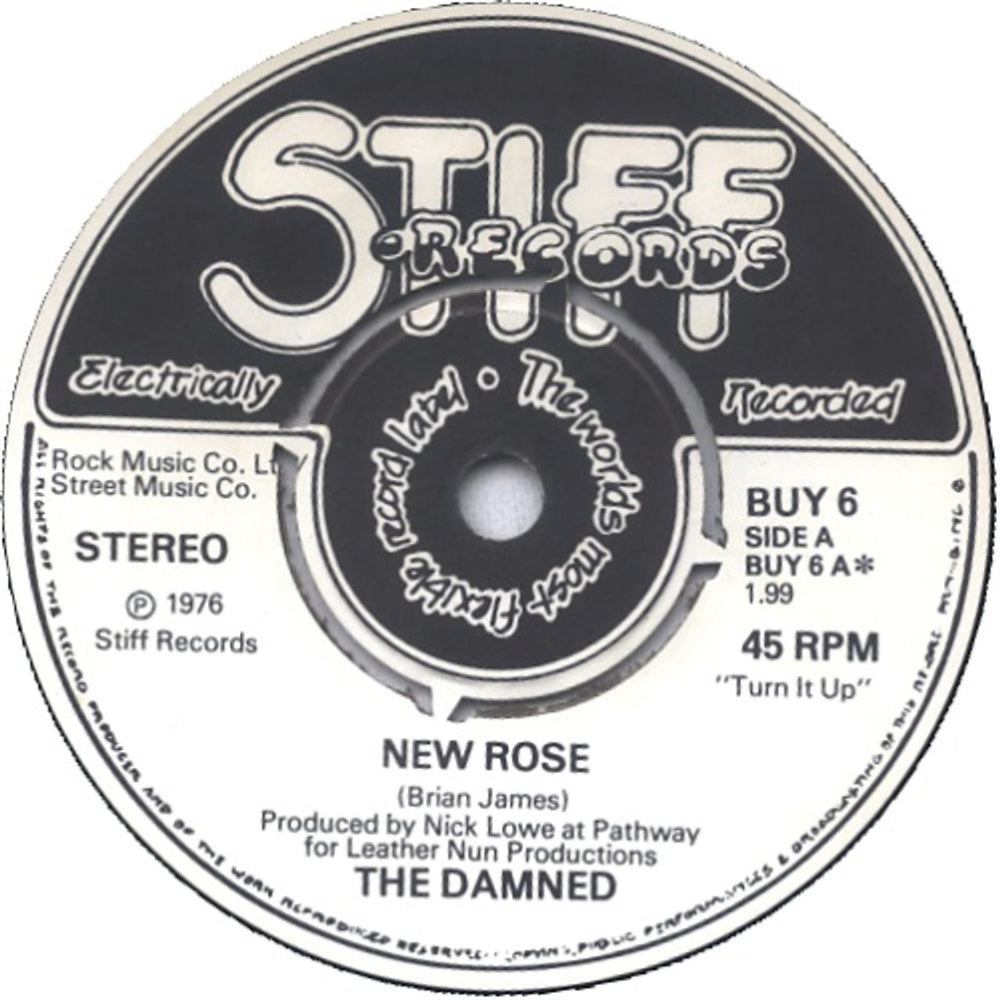 The Damned New Rose - 2nd - 4-prong - Rock Music Co Credit UK 7" vinyl single (7 inch record / 45) DAM07NE08819