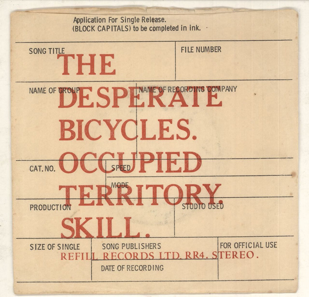 The Desperate Bicycles Occupied Territory UK 7" vinyl single (7 inch record / 45) RR4