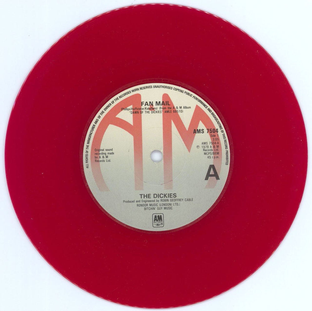 The Dickies Fan Mail - Red Vinyl UK 7" vinyl single (7 inch record / 45) AMS7504