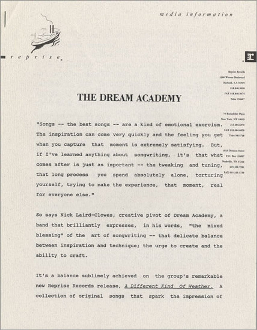 The Dream Academy A Different Kind Of Weather US Promo media press pack DREPPAD108251