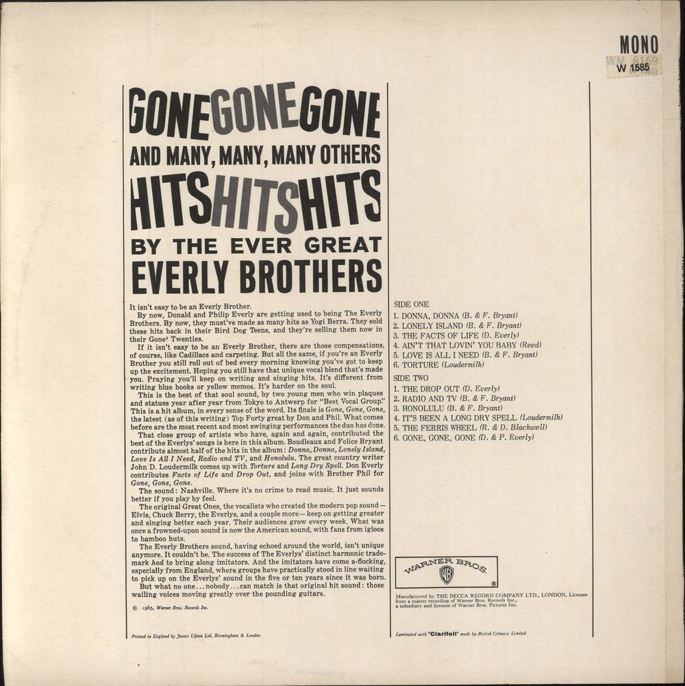 The Everly Brothers Gone Gone Gone UK vinyl LP album (LP record)