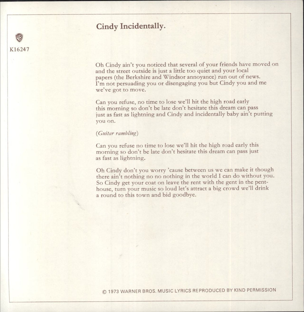 The Faces Cindy Incidentally - Solid + Lyric Sheet UK 7" vinyl single (7 inch record / 45)