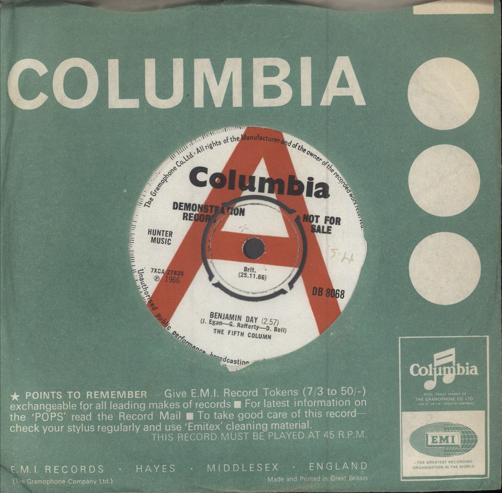 The Fifth Column Benjamin Day - A Label UK Promo 7" vinyl single (7 inch record / 45) DB8068
