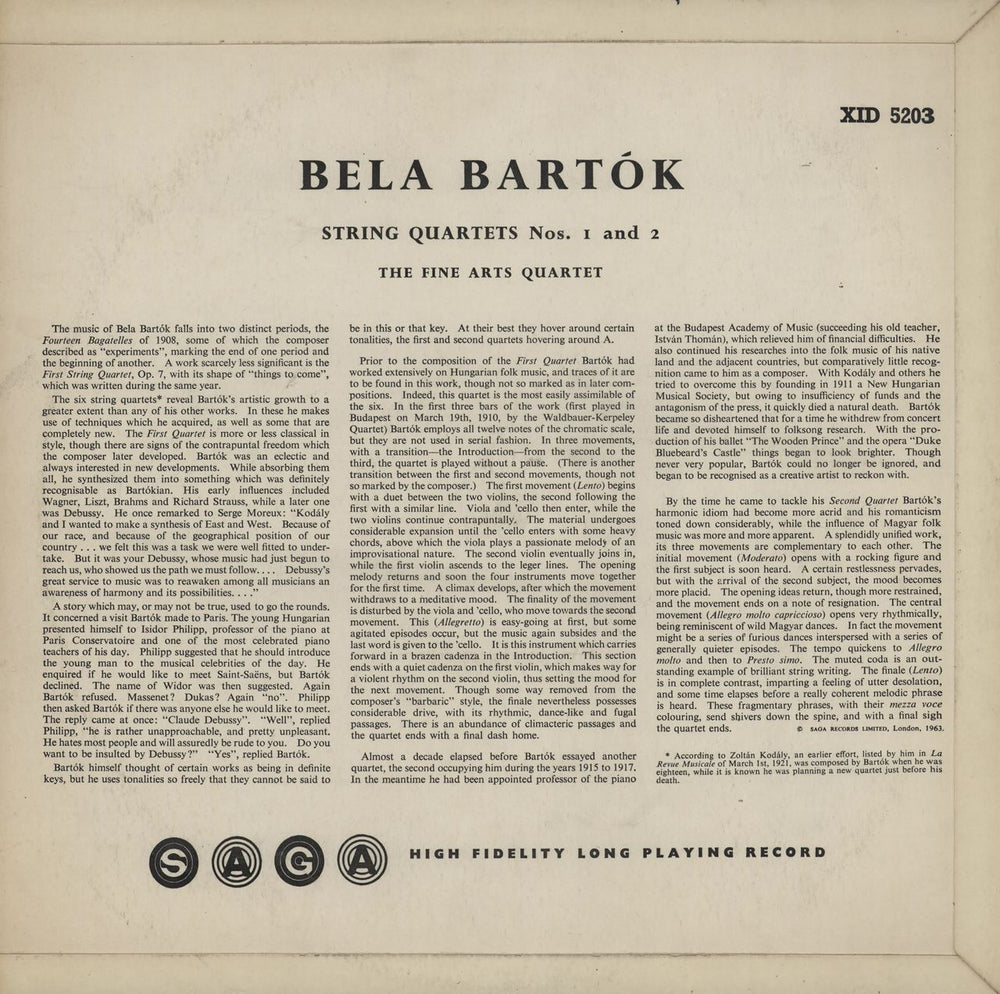 The Fine Arts Quartet Béla Bartók: String Quartets No. 1 & No. 2 UK vinyl LP album (LP record)