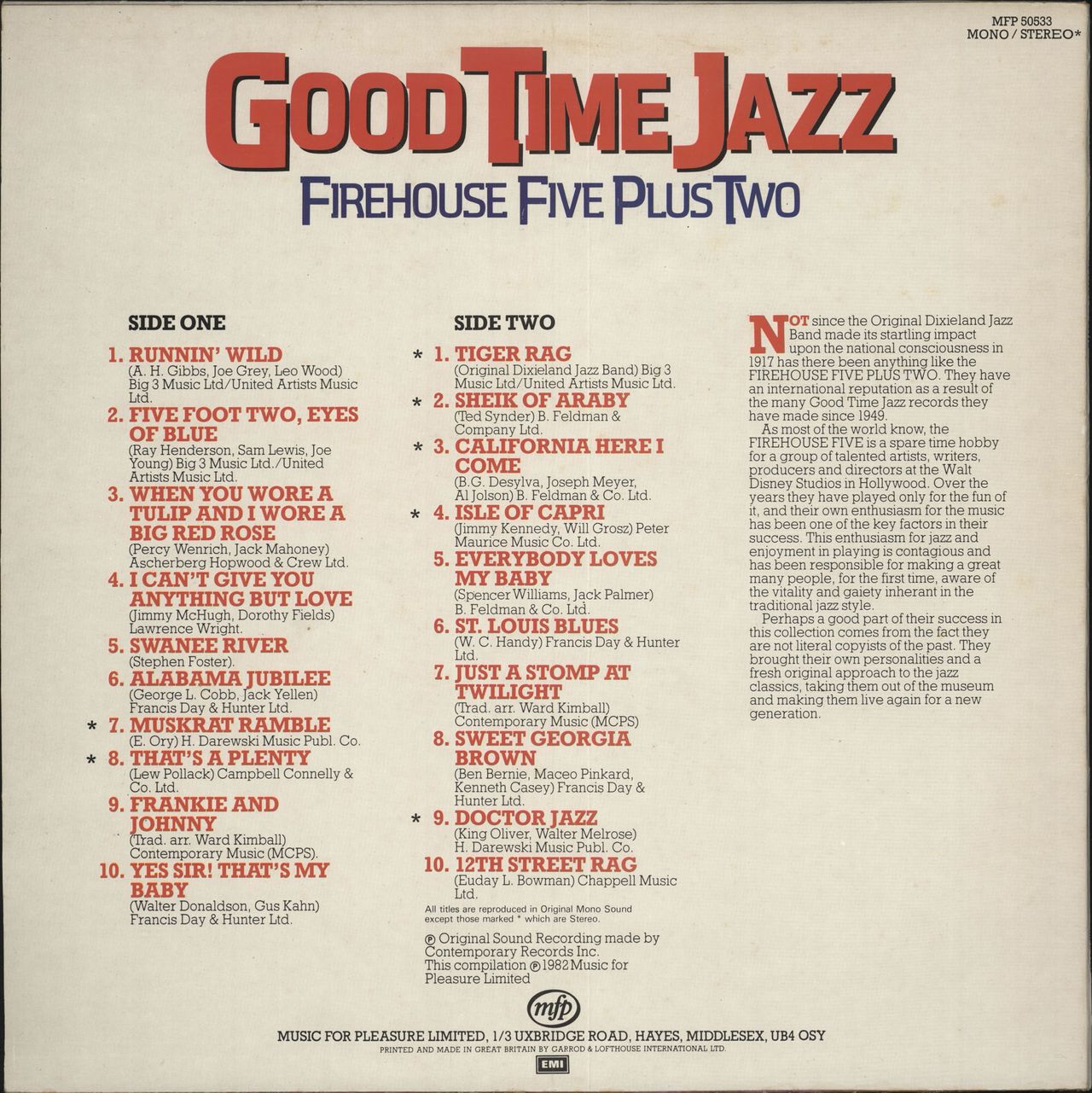 The Firehouse Five Plus Two Time Jazz UK Vinyl LP — RareVinyl.com