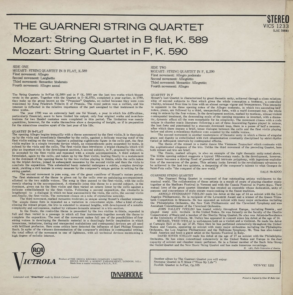 The Guarneri Quartet Mozart: String Quartets In B Flat K589 In F K590 UK vinyl LP album (LP record)