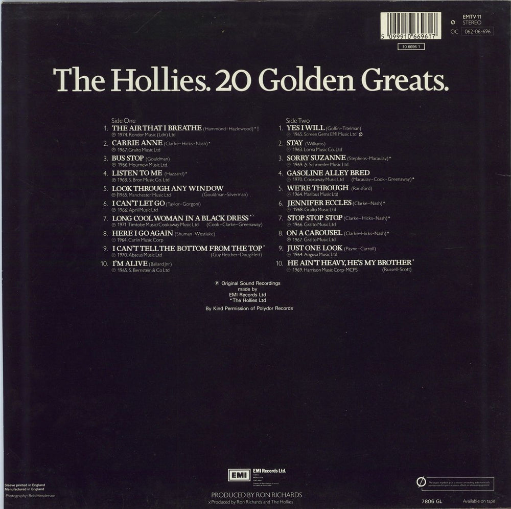 The Hollies 20 Golden Greats - barcoded UK vinyl LP album (LP record) 5099910669617