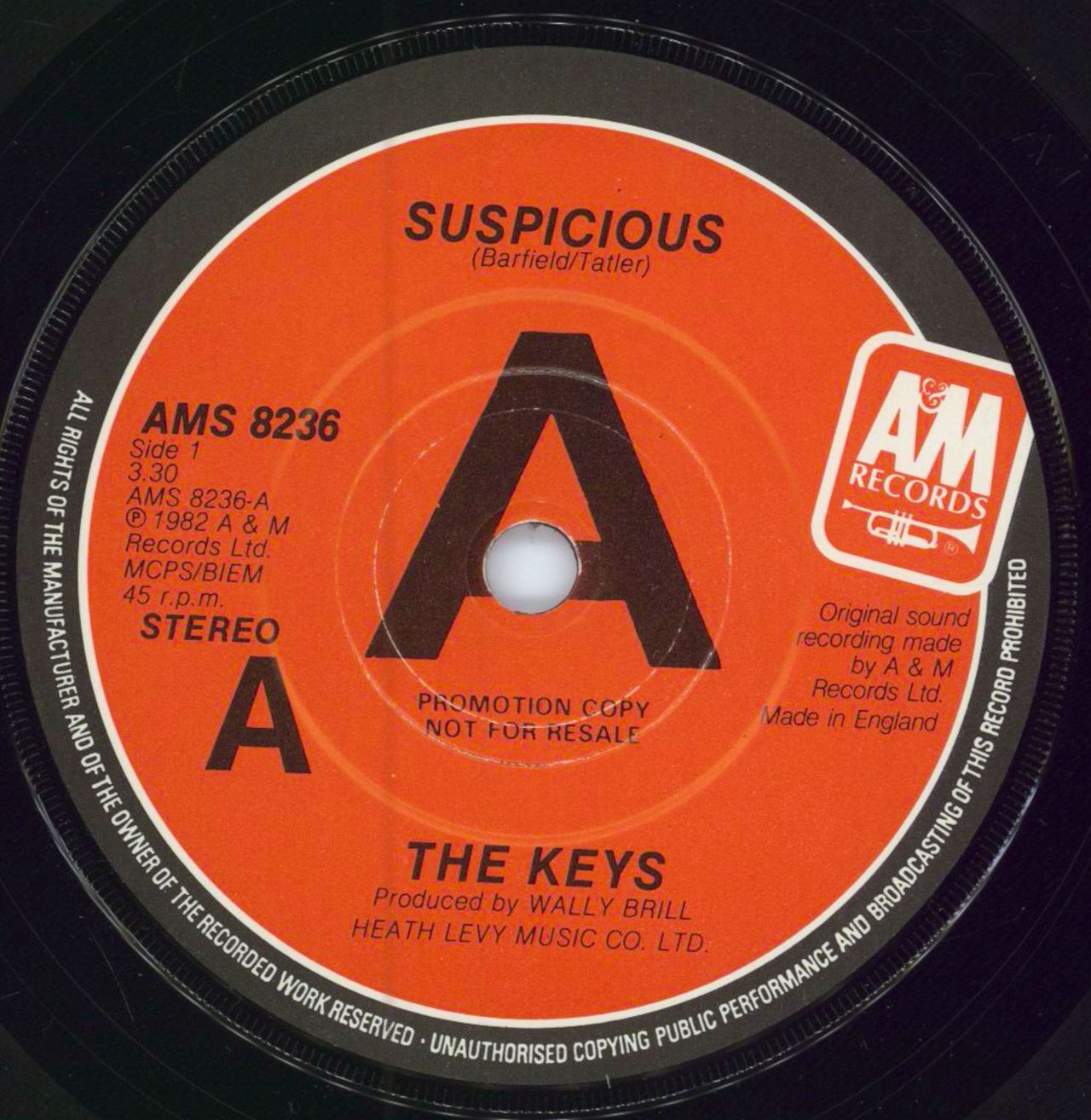 The Keys [80S] Suspicious - 'A' Label + Sleeve UK 7" vinyl single (7 inch record / 45) V8707SU786634