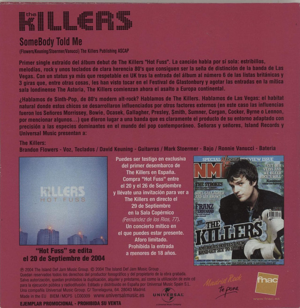 The Killers Somebody Told Me Spanish Promo CD single (CD5 / 5") TKIC5SO609025