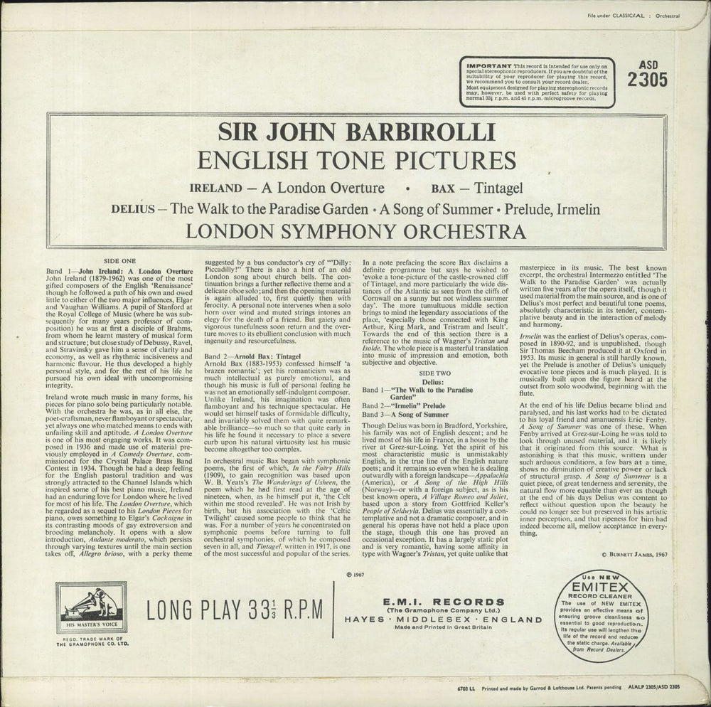 The London Symphony Orchestra English Tone Pictures UK vinyl LP album (LP record)