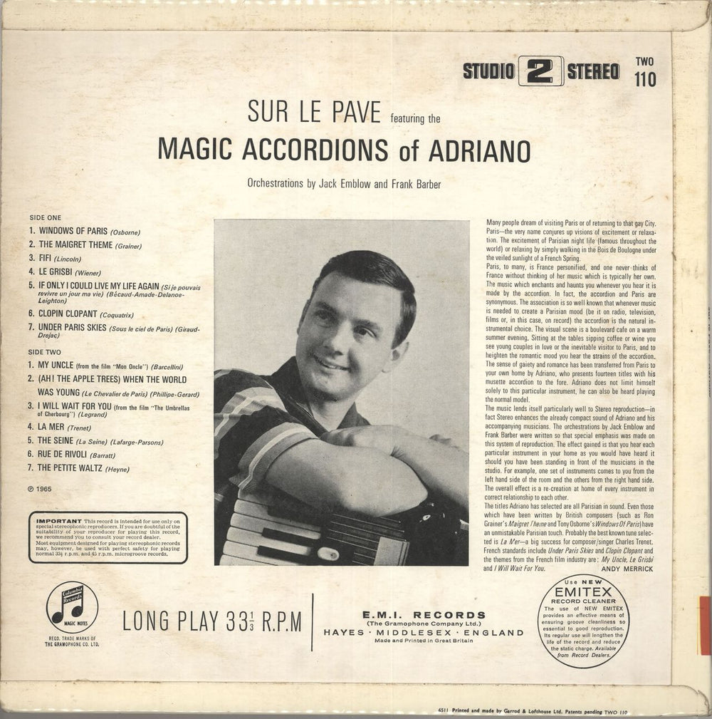 The Magic Accordions Of Adriano Sur Le Pavé UK vinyl LP album (LP record) 0TXLPSU735399