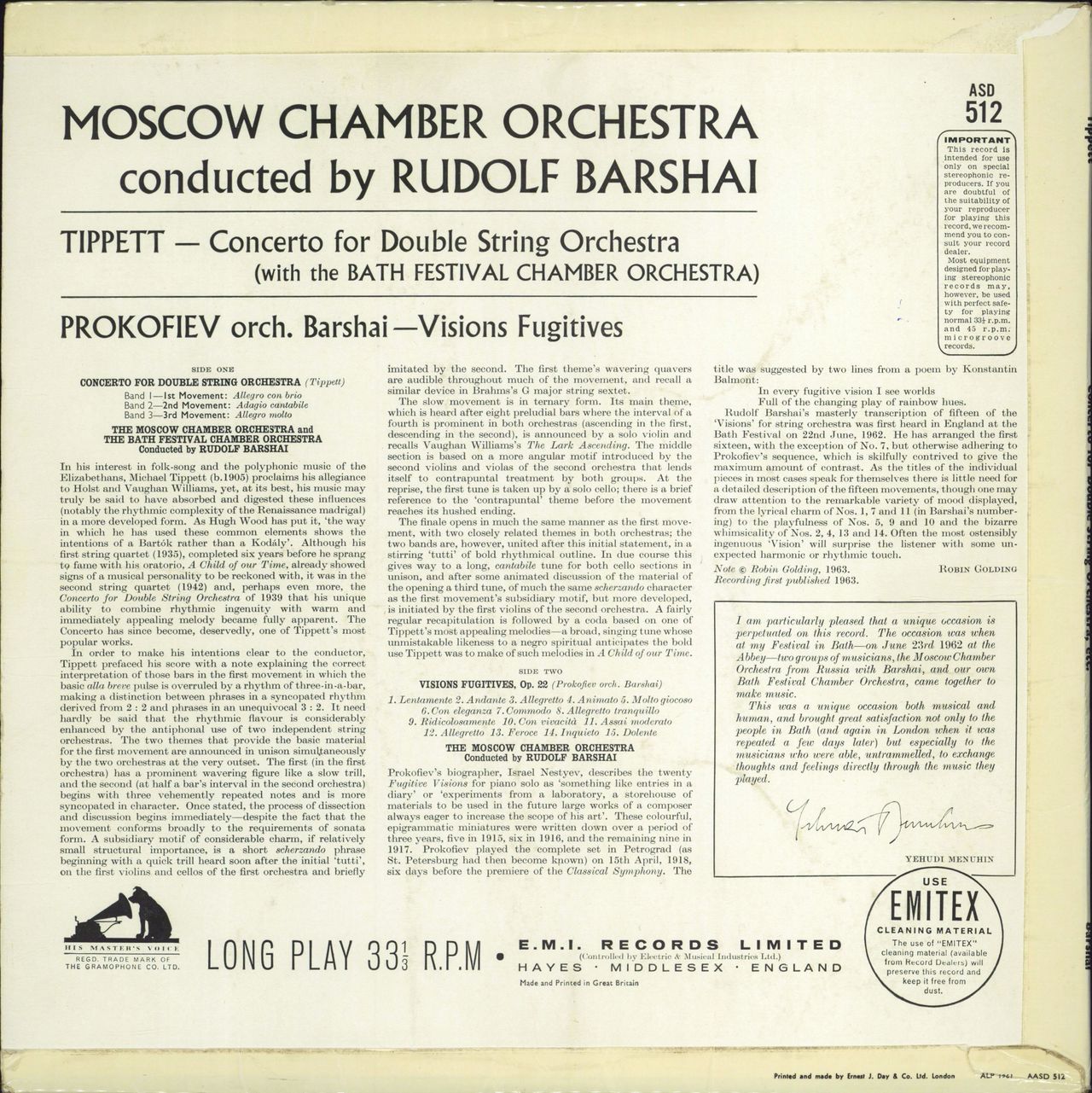 The Moscow Chamber Orchestra Tippett & Prokofiev UK vinyl LP album (LP record)