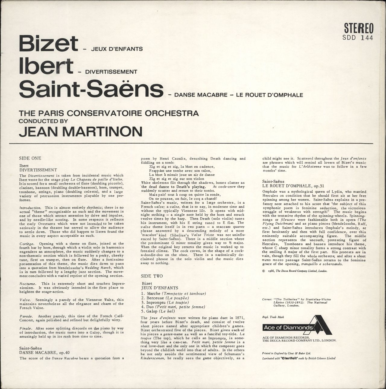 The Paris Conservatoire Orchestra Bizet: Jeux D'Enfants / Ibert: Divertissement / Sait-Saëns: Danse Macabre / Le Rouet D'Omphale UK vinyl LP album (LP record)