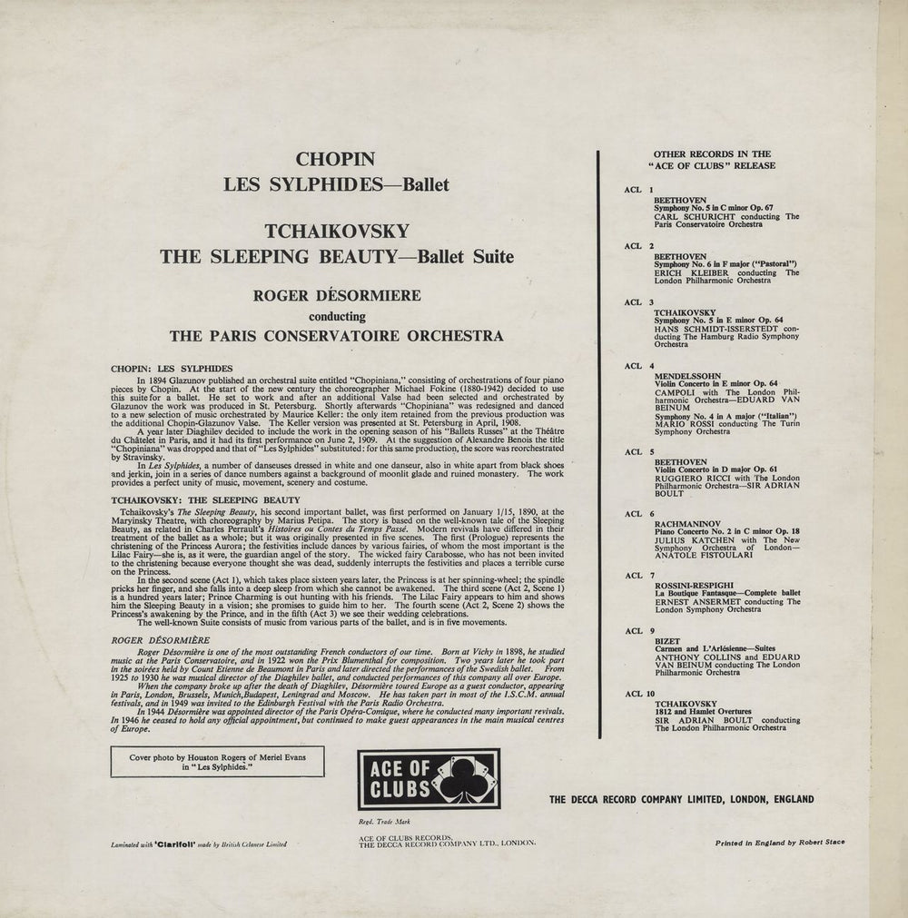 The Paris Conservatoire Orchestra Chopin: Les Sylphides / Tchaikovsky: The Sleeping Beauty UK vinyl LP album (LP record)