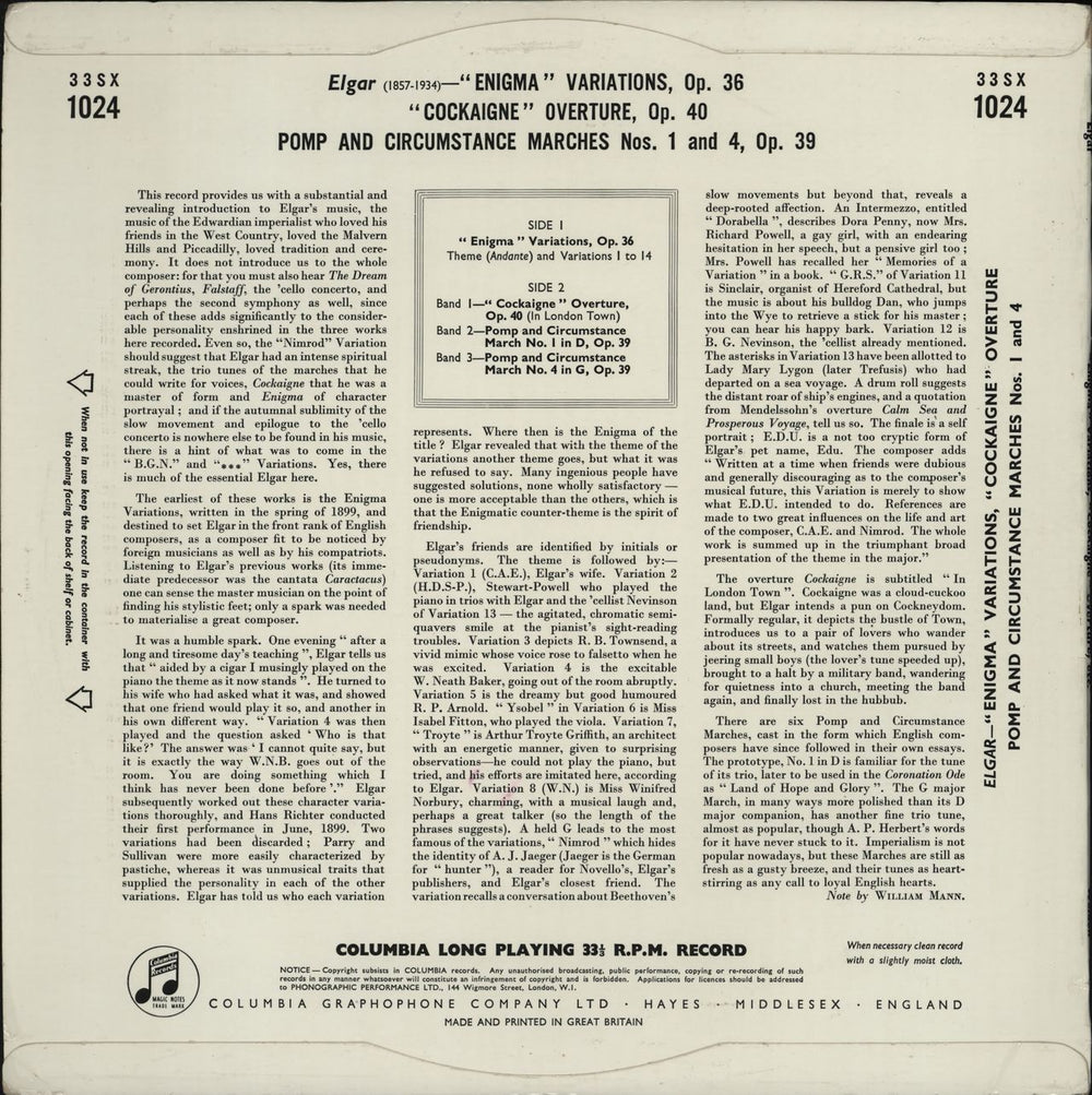 The Philharmonia Orchestra Enigma Variations / Cockaigne Overture / Pomp And Circumstance Marches Nos. 1 And 4 UK vinyl LP album (LP record)