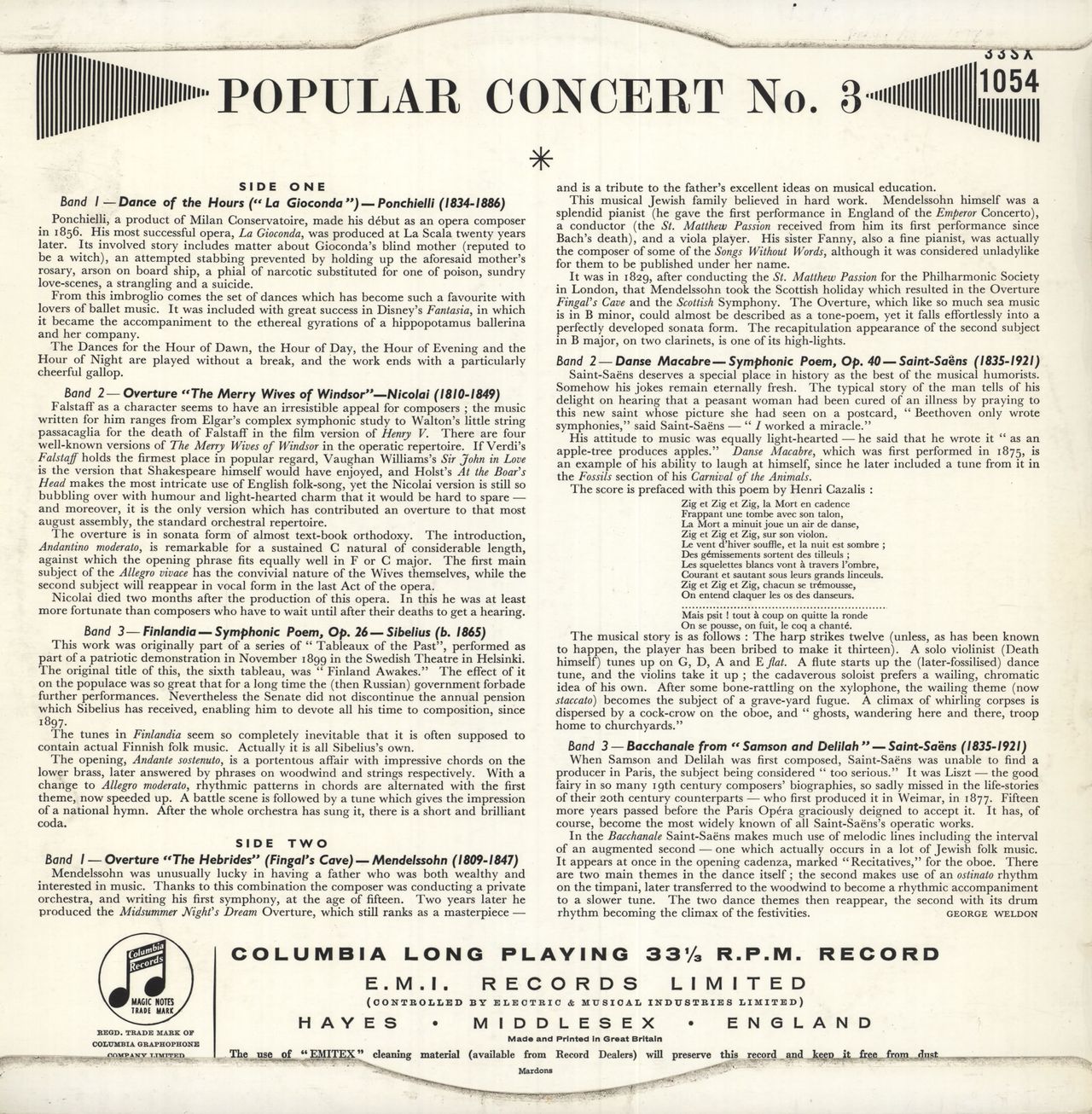 The Philharmonia Orchestra Popular Concert No. 3 UK vinyl LP album (LP record) UQ7LPPO748189