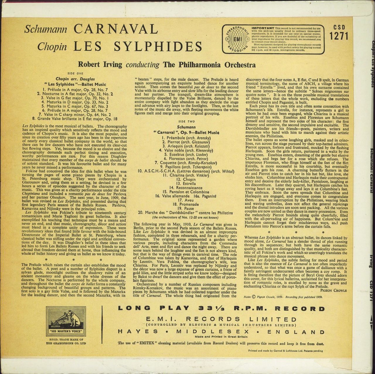 The Philharmonia Orchestra Schumann: Carnaval / Chopin: Les Sylphides - VG UK vinyl LP album (LP record)