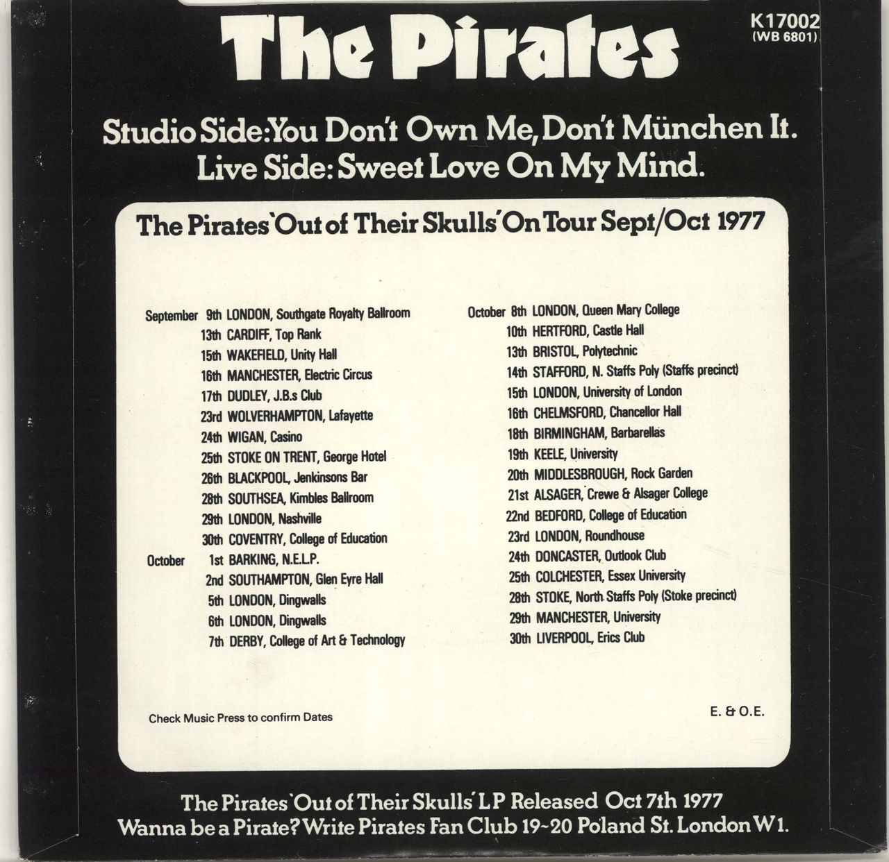 The Pirates Vinyl LP Out of Their Skulls NO BAR CODE 1977 Warner Brothers  Nice!