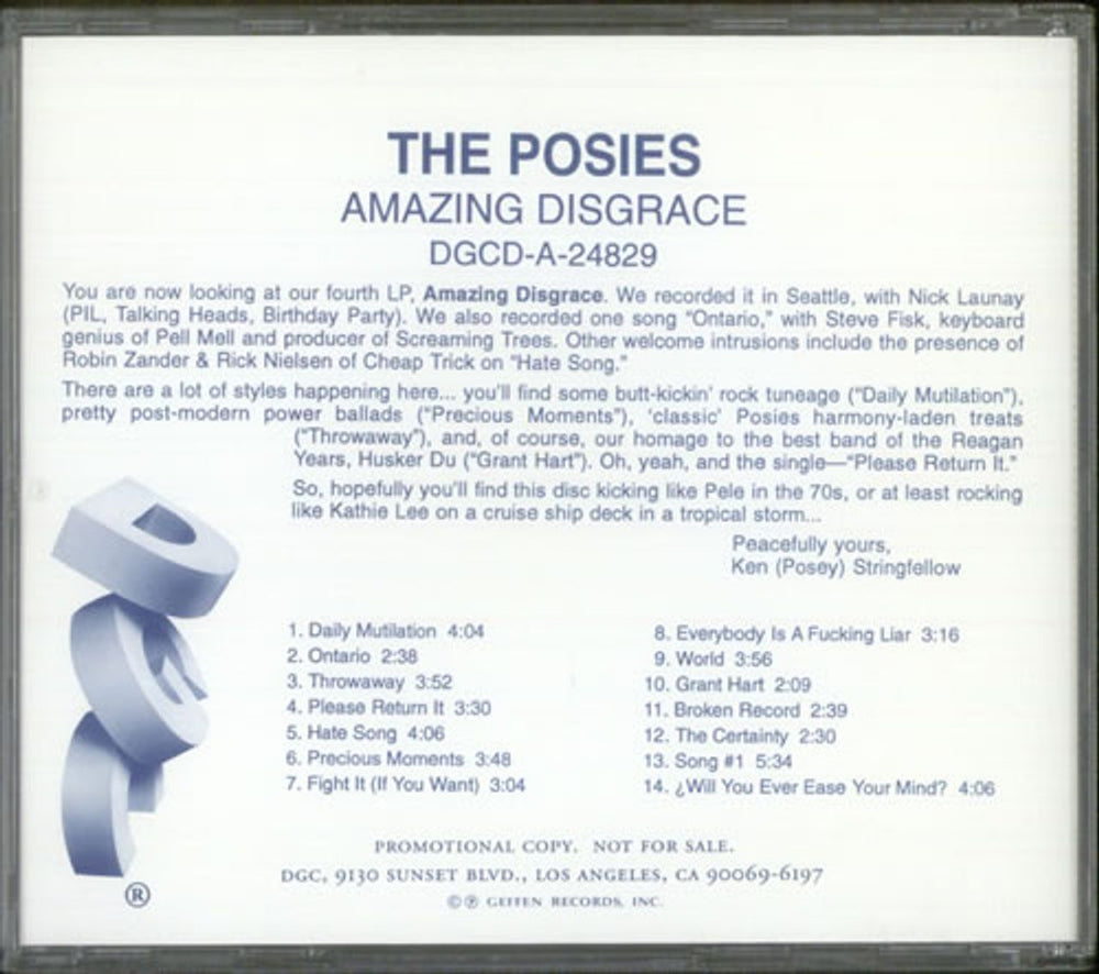 The Posies Amazing Disgrace US Promo CD album (CDLP) DGCD-A-24829