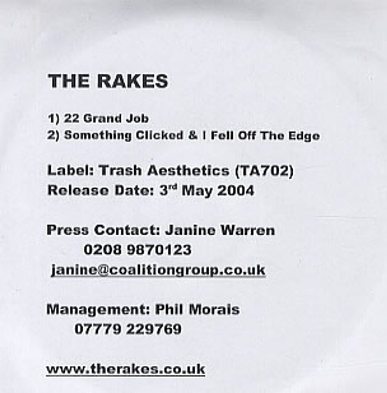The Rakes (Indie) 22 Grand Job UK CD-R acetate CD-R ACETATE