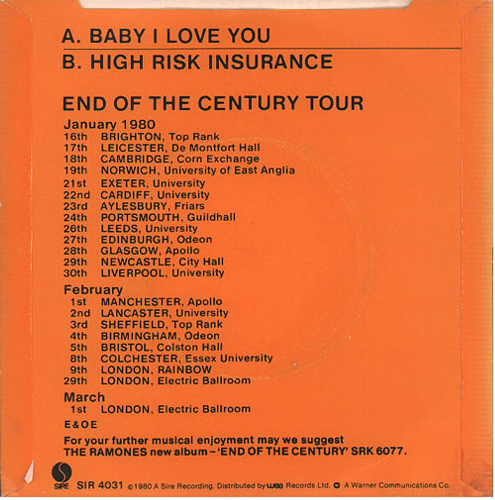 The Ramones Baby I Love You - P/S UK 7" vinyl single (7 inch record / 45) RAM07BA60458
