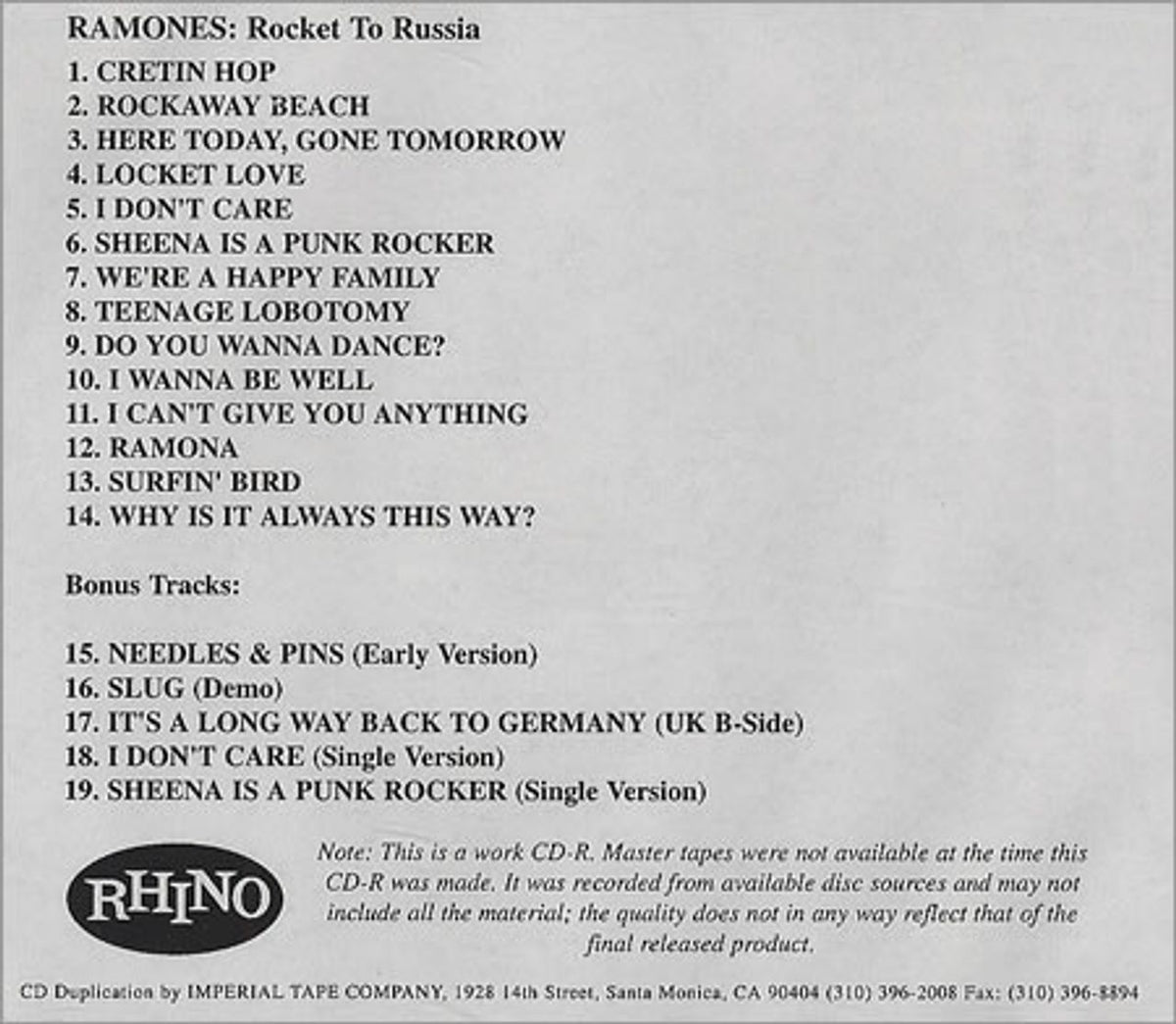 The Ramones Rocket To Russia US Promo CD-R acetate — RareVinyl.com